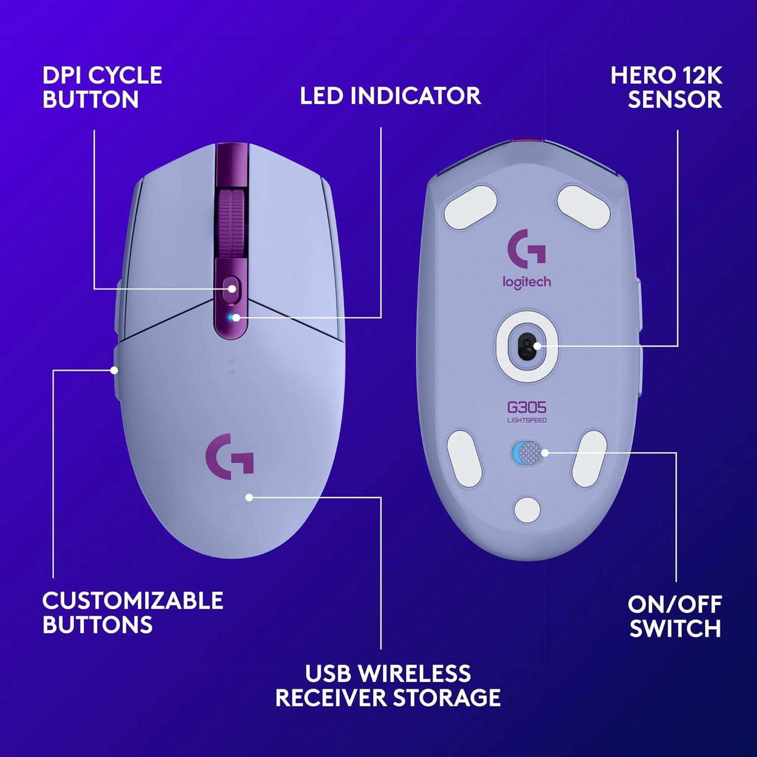 imageLogitech G305 LIGHTSPEED Wireless Gaming Mouse Hero 12K Sensor 12000 DPI Lightweight 6 Programmable Buttons 250h Battery Life OnBoard Memory PCMac  LilacLilac