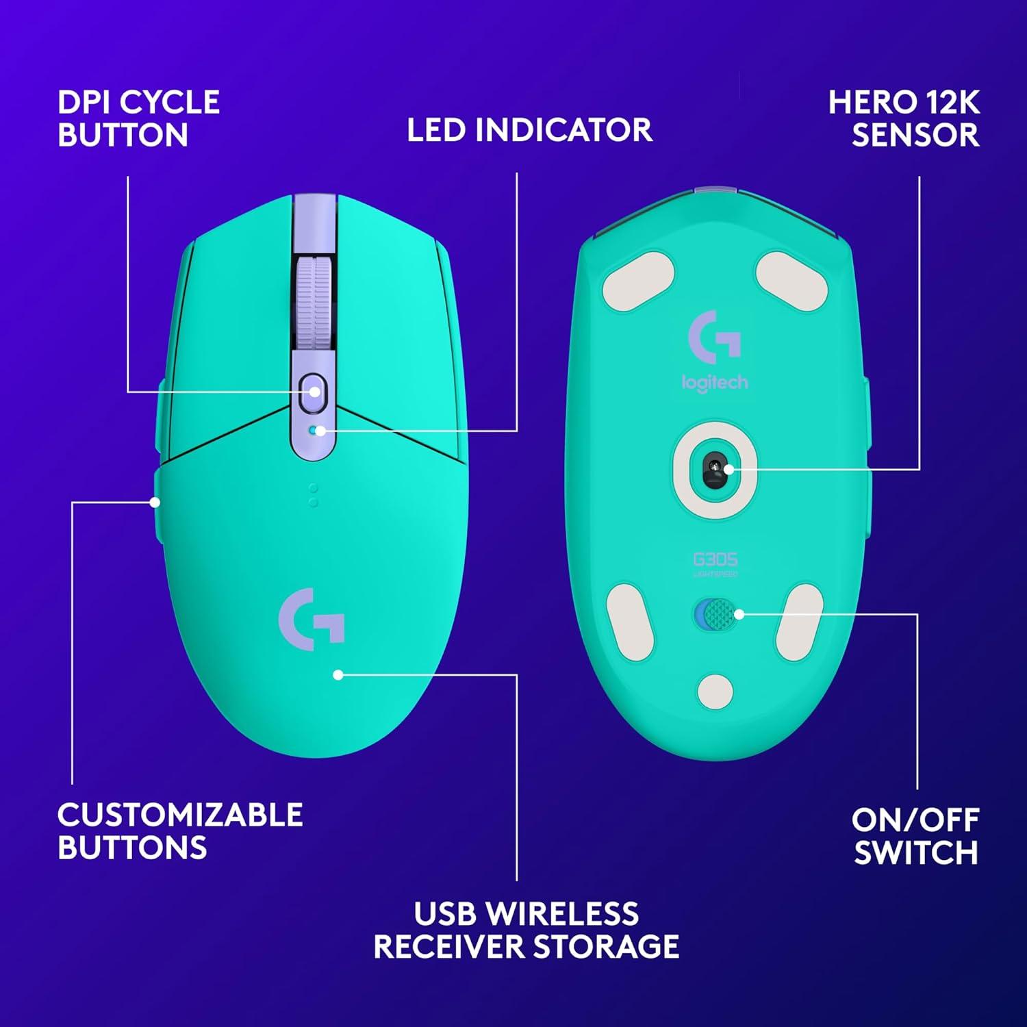 imageLogitech G305 LIGHTSPEED Wireless Gaming Mouse Hero 12K Sensor 12000 DPI Lightweight 6 Programmable Buttons 250h Battery Life OnBoard Memory PCMac  LilacMint