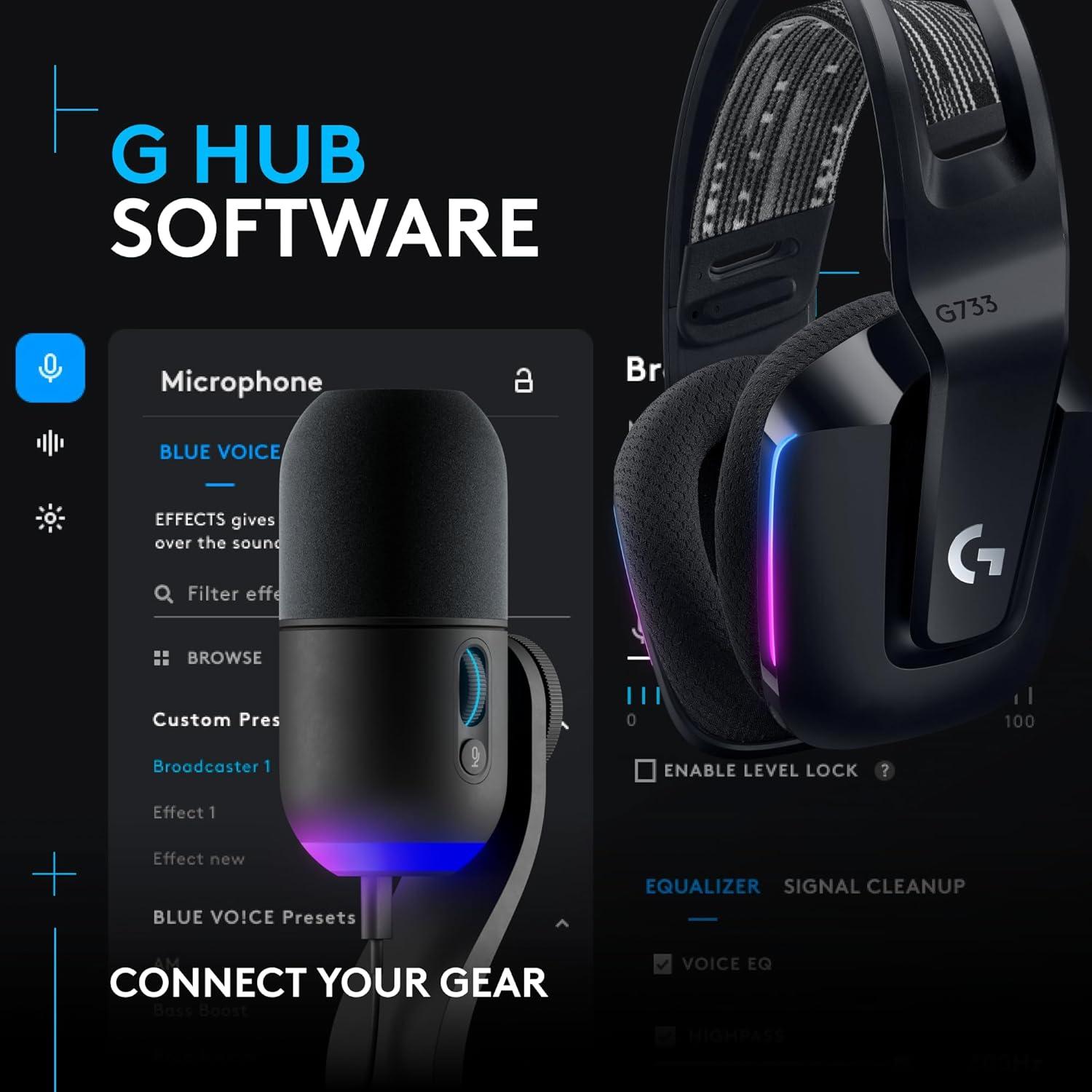 imageLogitech G733 LIGHTSPEED Wireless Gaming Headset with suspension headband LIGHTSYNC RGB Blue VOCE mic technology and PROG audio drivers  LilacBlack