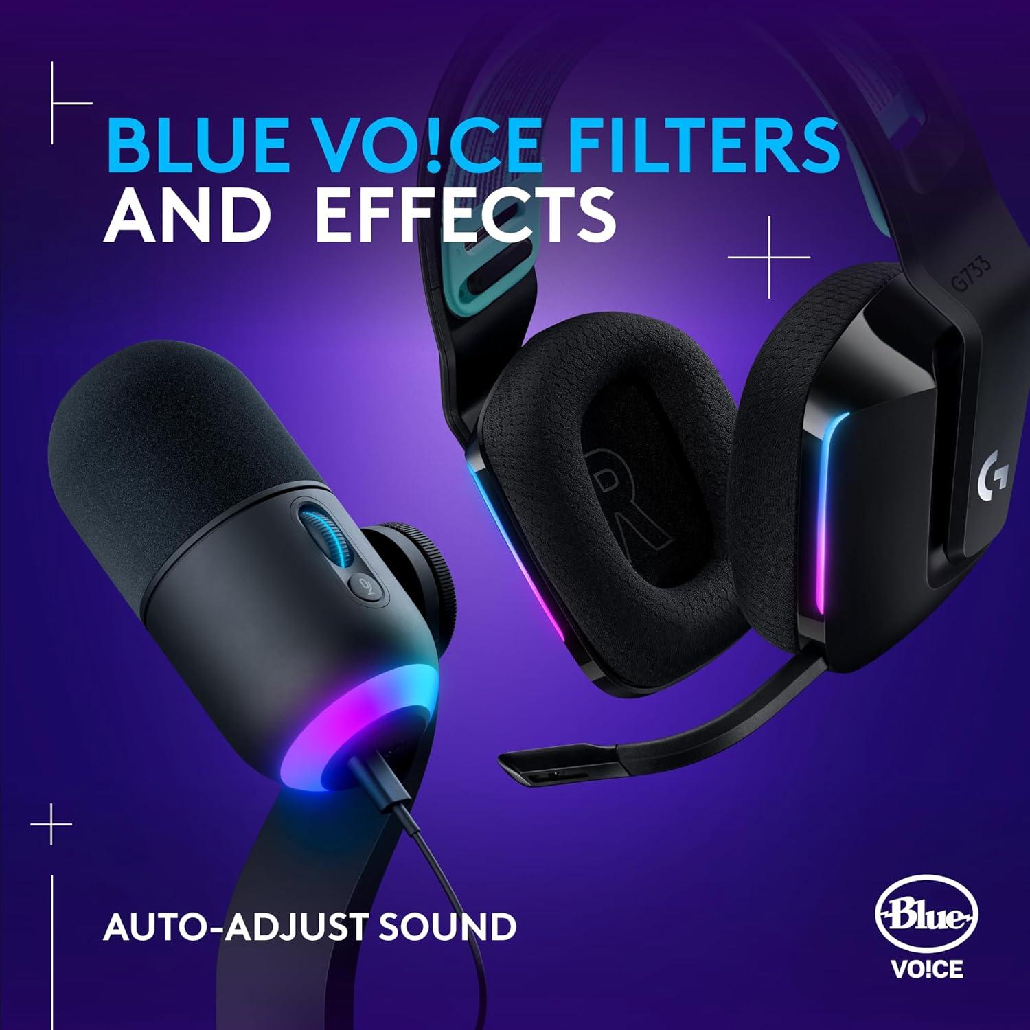 imageLogitech G733 LIGHTSPEED Wireless Gaming Headset with suspension headband LIGHTSYNC RGB Blue VOCE mic technology and PROG audio drivers  LilacBlack