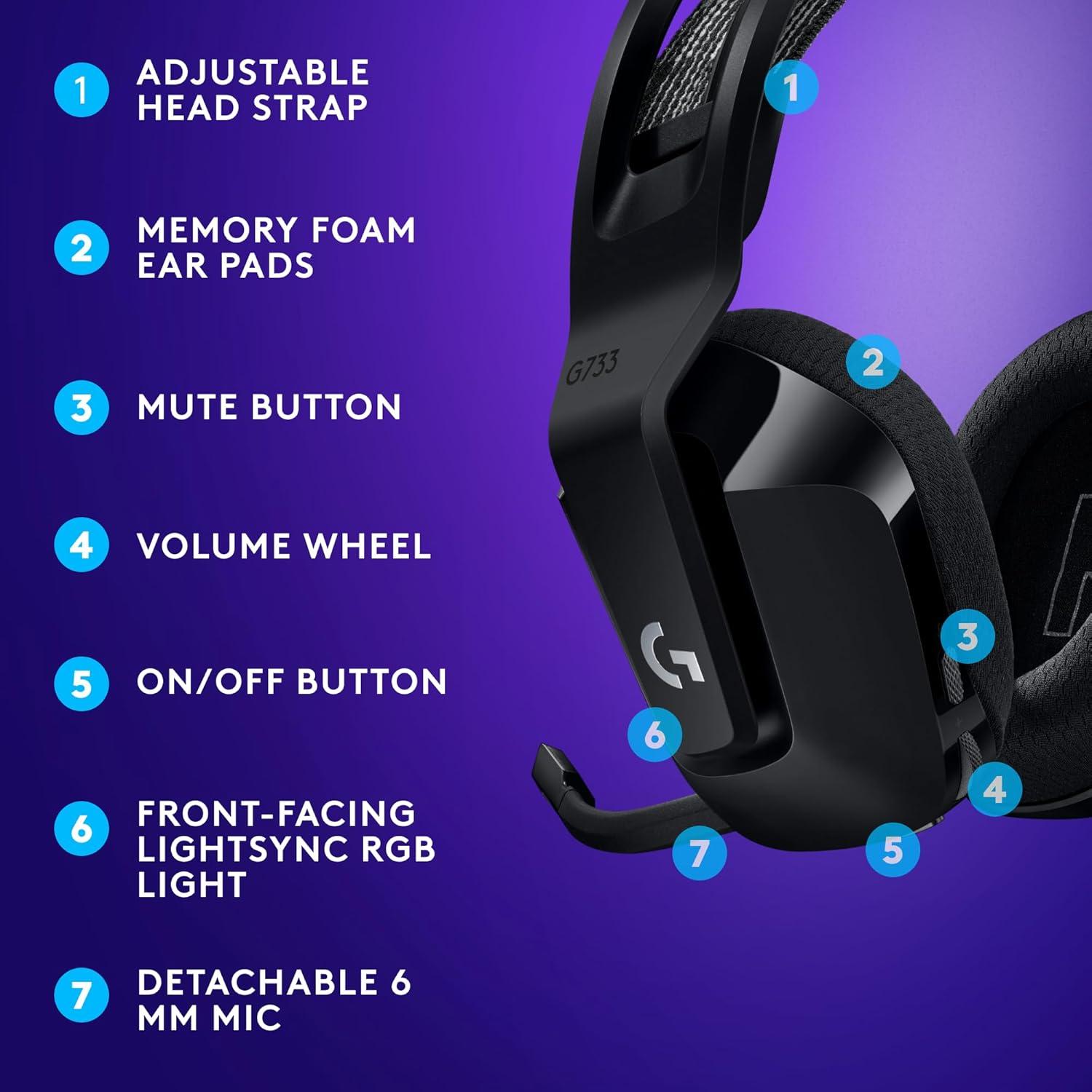 imageLogitech G733 LIGHTSPEED Wireless Gaming Headset with suspension headband LIGHTSYNC RGB Blue VOCE mic technology and PROG audio drivers  LilacBlack