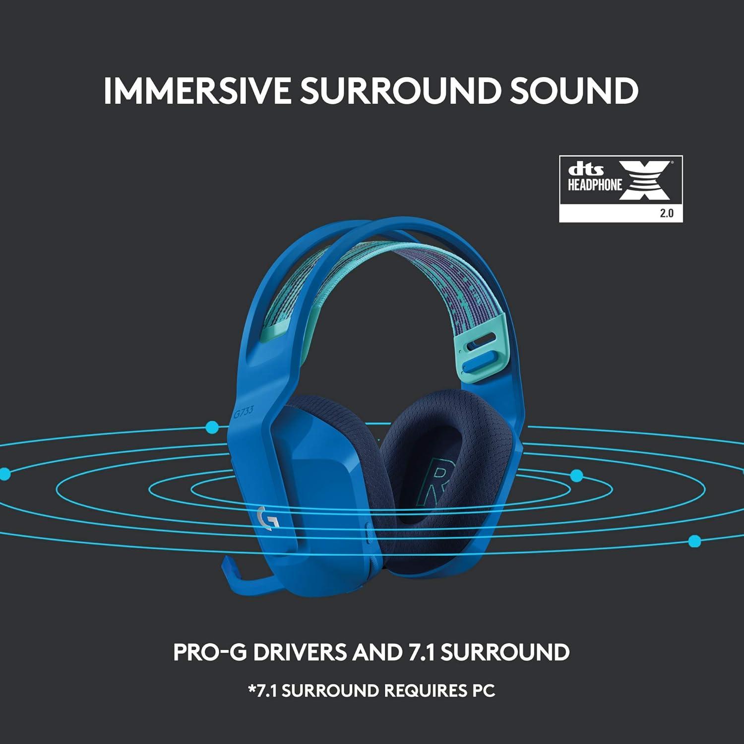 imageLogitech G733 LIGHTSPEED Wireless Gaming Headset with suspension headband LIGHTSYNC RGB Blue VOCE mic technology and PROG audio drivers  LilacBlue
