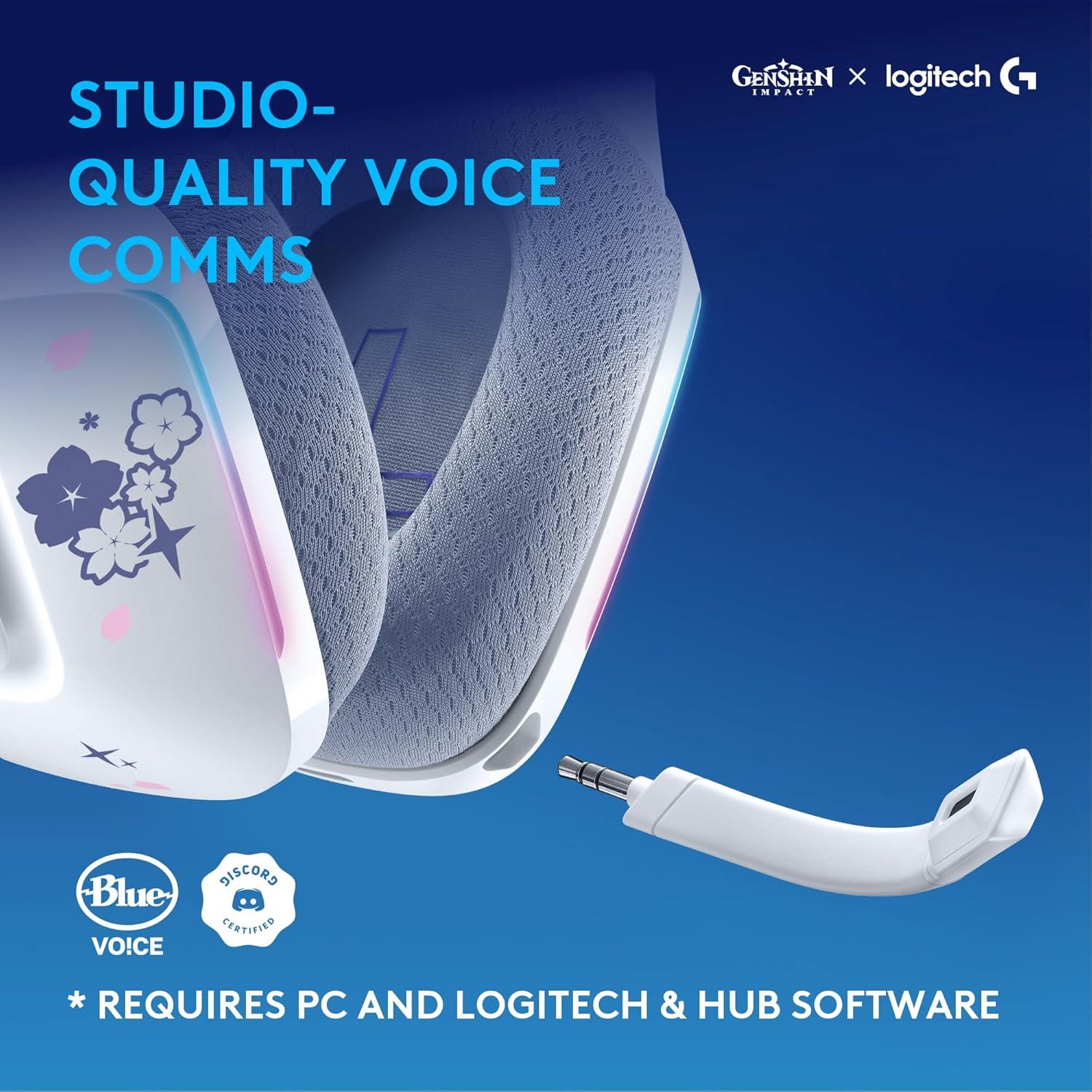 imageLogitech G733 LIGHTSPEED Wireless Gaming Headset with suspension headband LIGHTSYNC RGB Blue VOCE mic technology and PROG audio drivers  LilacKamisato Ayaka Genshin Impact Edition