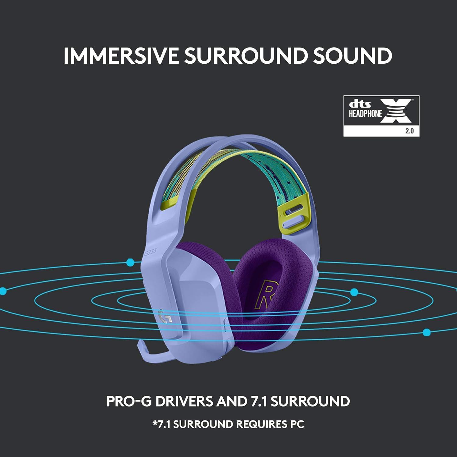 imageLogitech G733 LIGHTSPEED Wireless Gaming Headset with suspension headband LIGHTSYNC RGB Blue VOCE mic technology and PROG audio drivers  LilacLilac