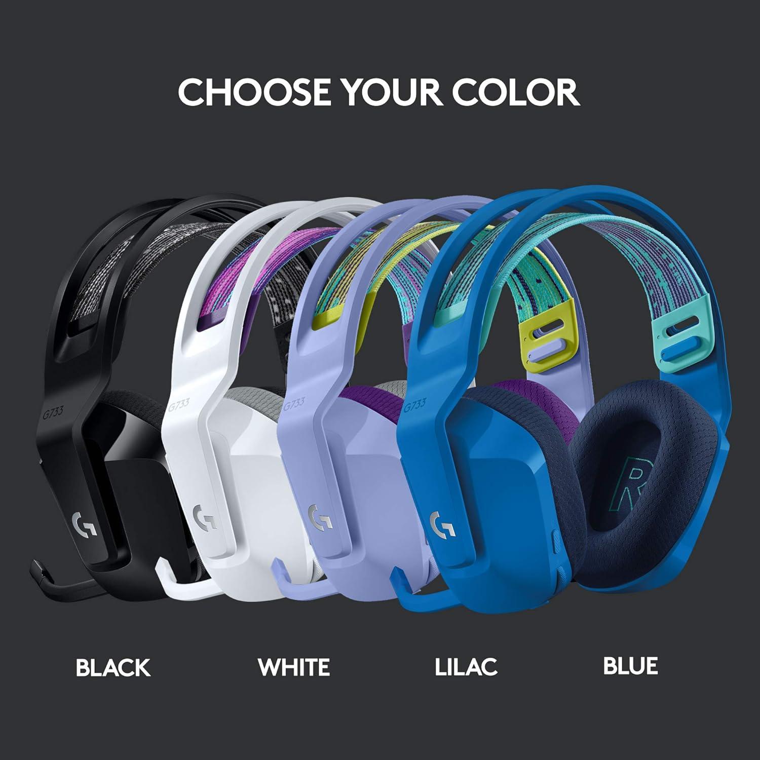 imageLogitech G733 LIGHTSPEED Wireless Gaming Headset with suspension headband LIGHTSYNC RGB Blue VOCE mic technology and PROG audio drivers  LilacLilac