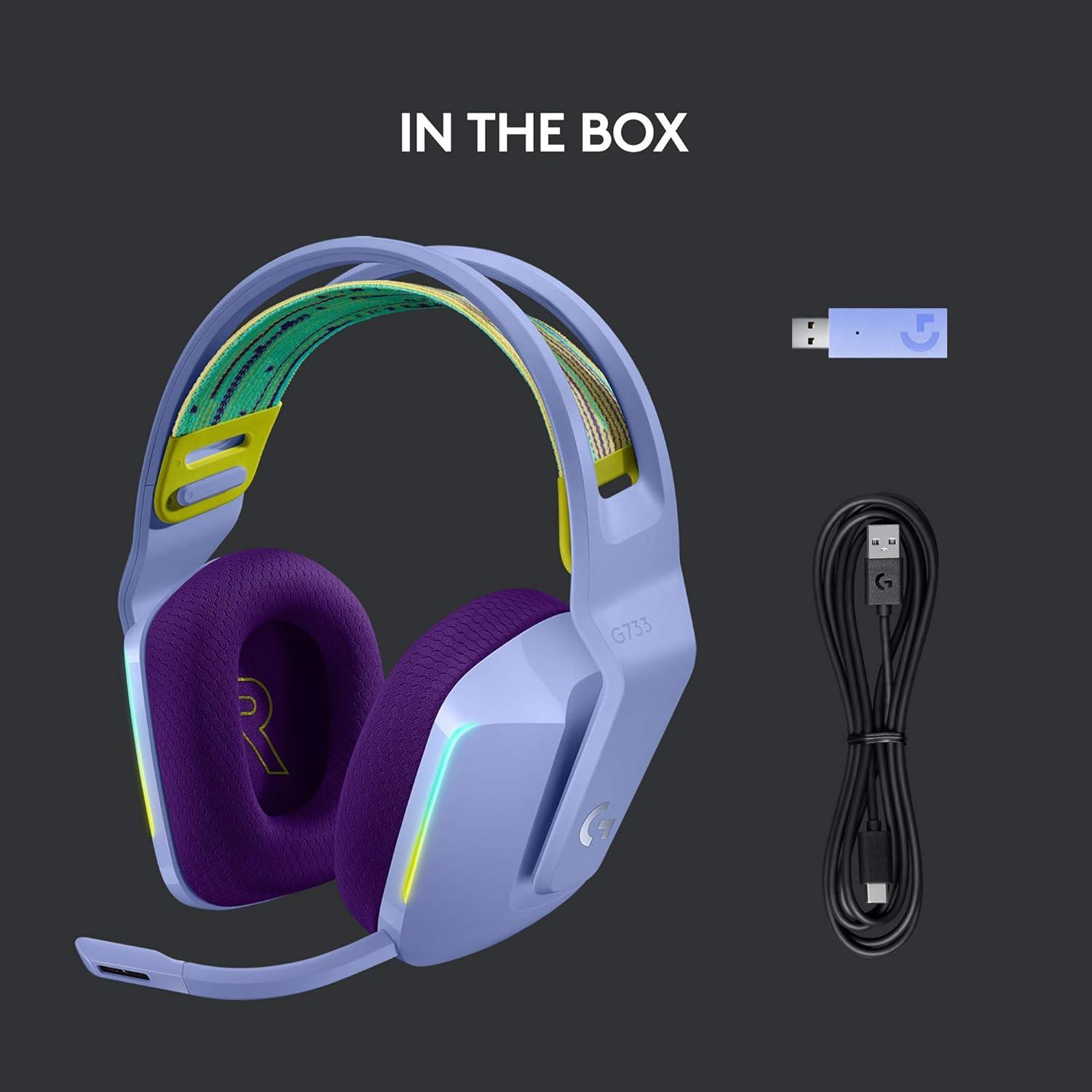 imageLogitech G733 LIGHTSPEED Wireless Gaming Headset with suspension headband LIGHTSYNC RGB Blue VOCE mic technology and PROG audio drivers  LilacLilac