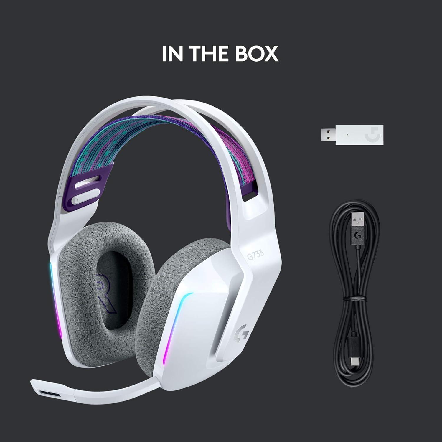 imageLogitech G733 LIGHTSPEED Wireless Gaming Headset with suspension headband LIGHTSYNC RGB Blue VOCE mic technology and PROG audio drivers  LilacWhite