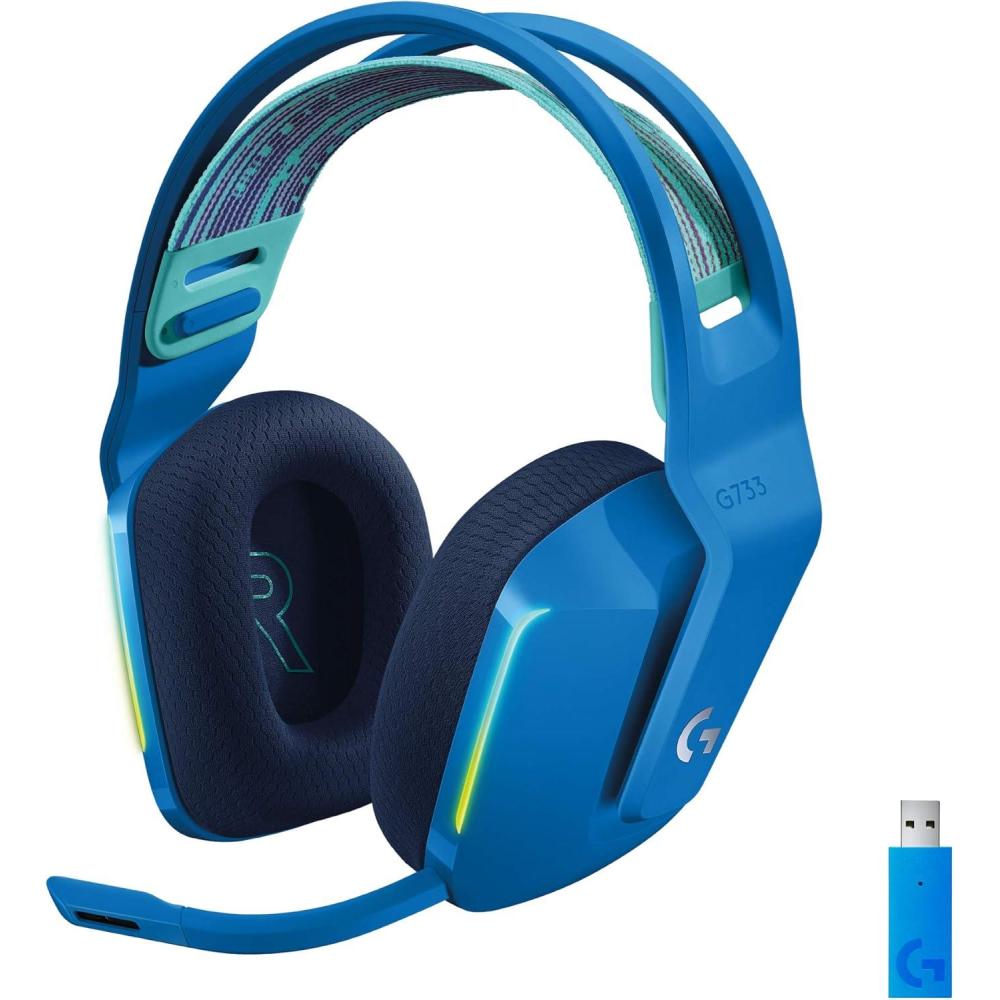 imageLogitech G733 LIGHTSPEED Wireless Gaming Headset with suspension headband LIGHTSYNC RGB Blue VOCE mic technology and PROG audio drivers  LilacBlue