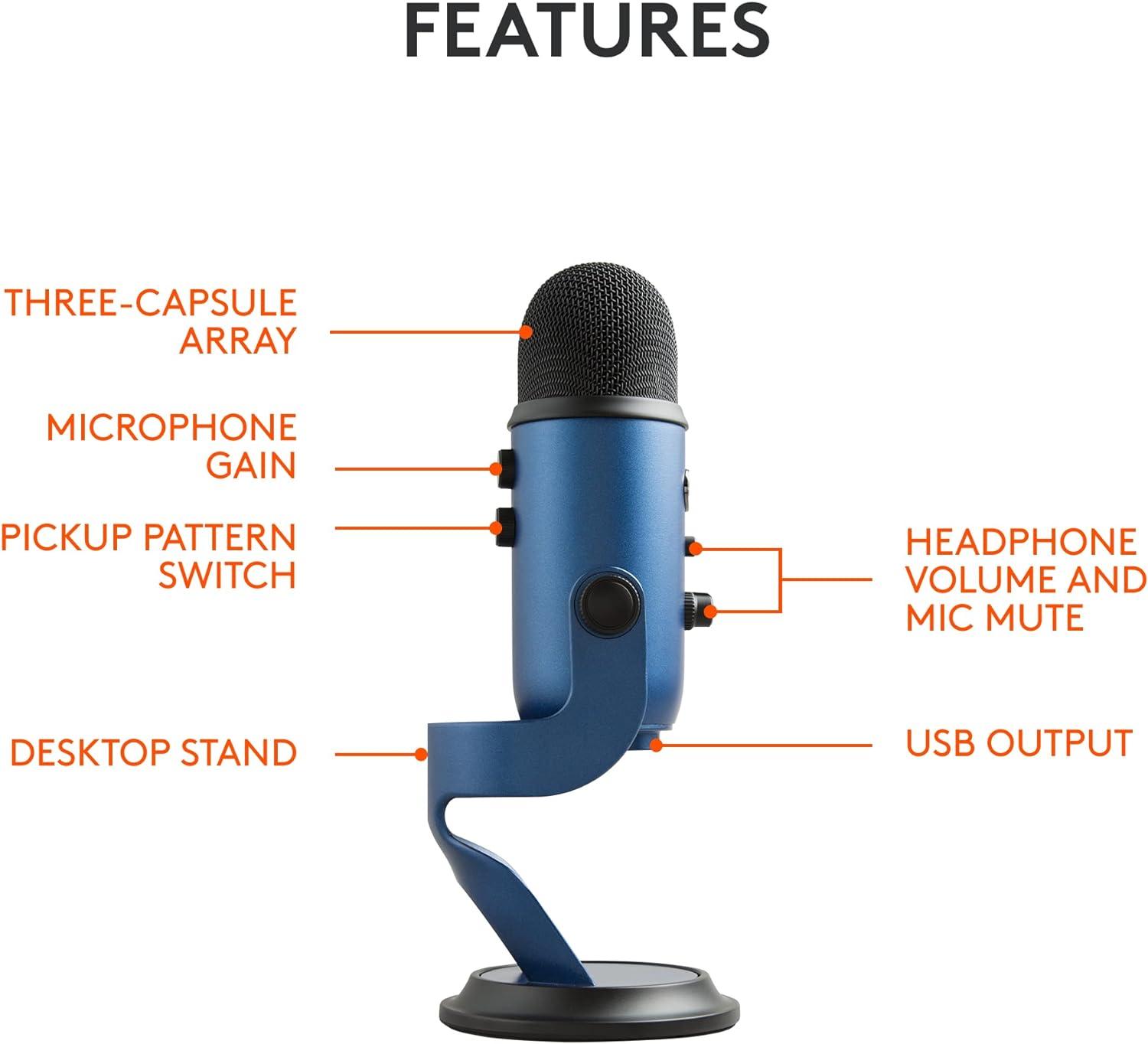 image:imageLogitech Creators Blue Yeti USB Microphone for Gaming Streaming Podcast YouTube Discord PC Studio Sound Plug amp PlaySilverMidnight Blue