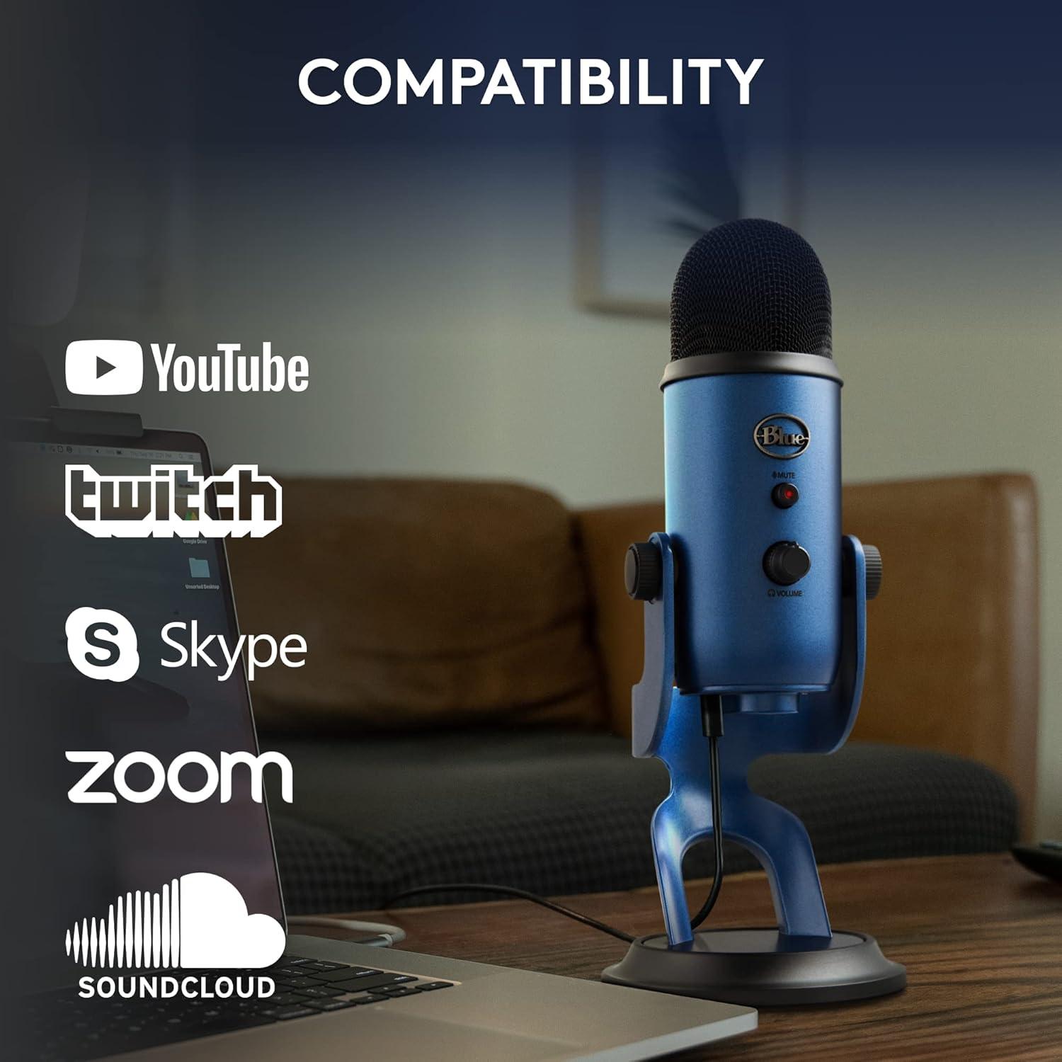 image:imageLogitech Creators Blue Yeti USB Microphone for Gaming Streaming Podcast YouTube Discord PC Studio Sound Plug amp PlaySilverMidnight Blue