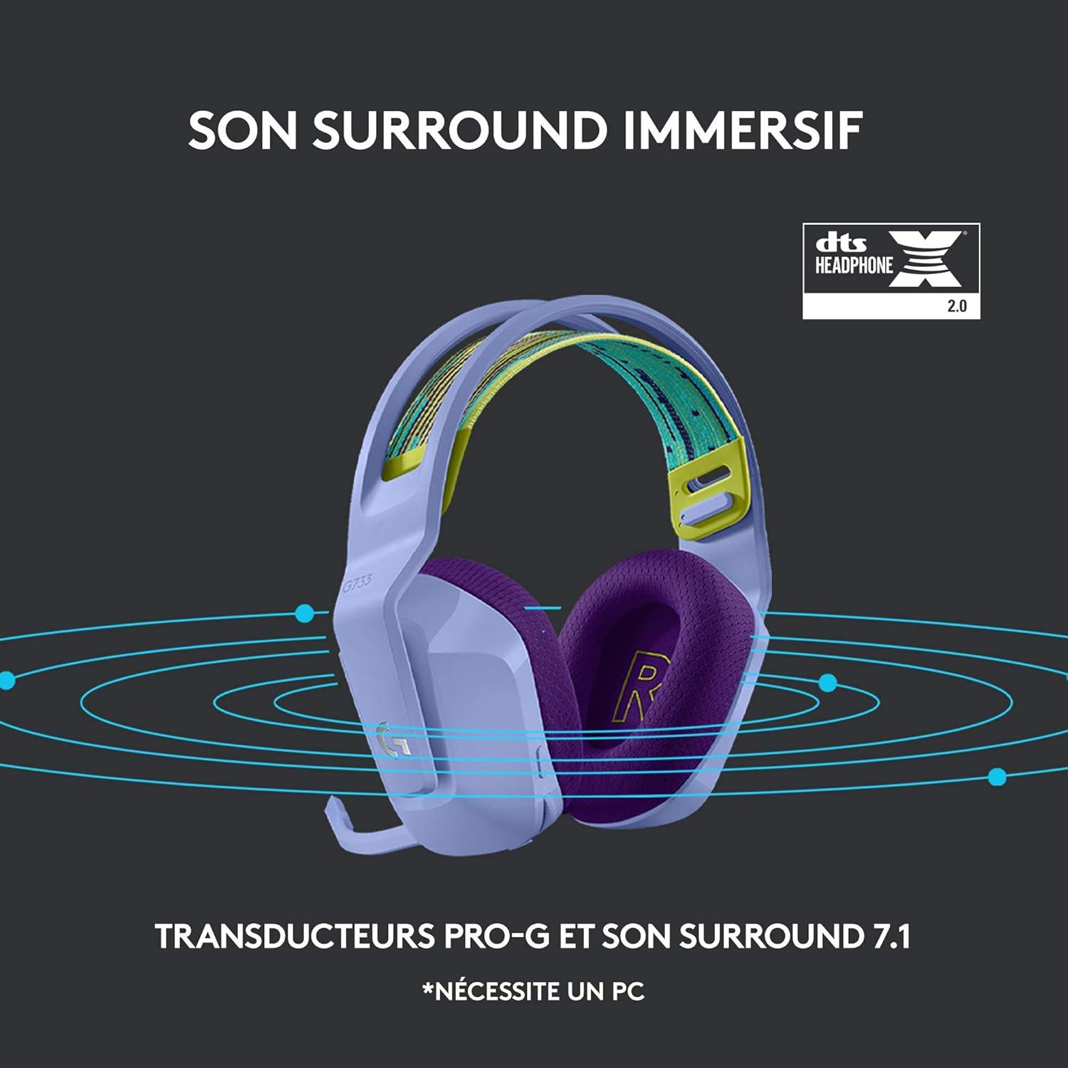 imageLogitech G G522 LIGHTSPEED casque gaming sans fil LIGHTSYNC RVB micro bande passante complte et audio synchronis avanc triple connectivit LIGHTSPEED Bluetooth USBA vers USBC pour PCBlancLila