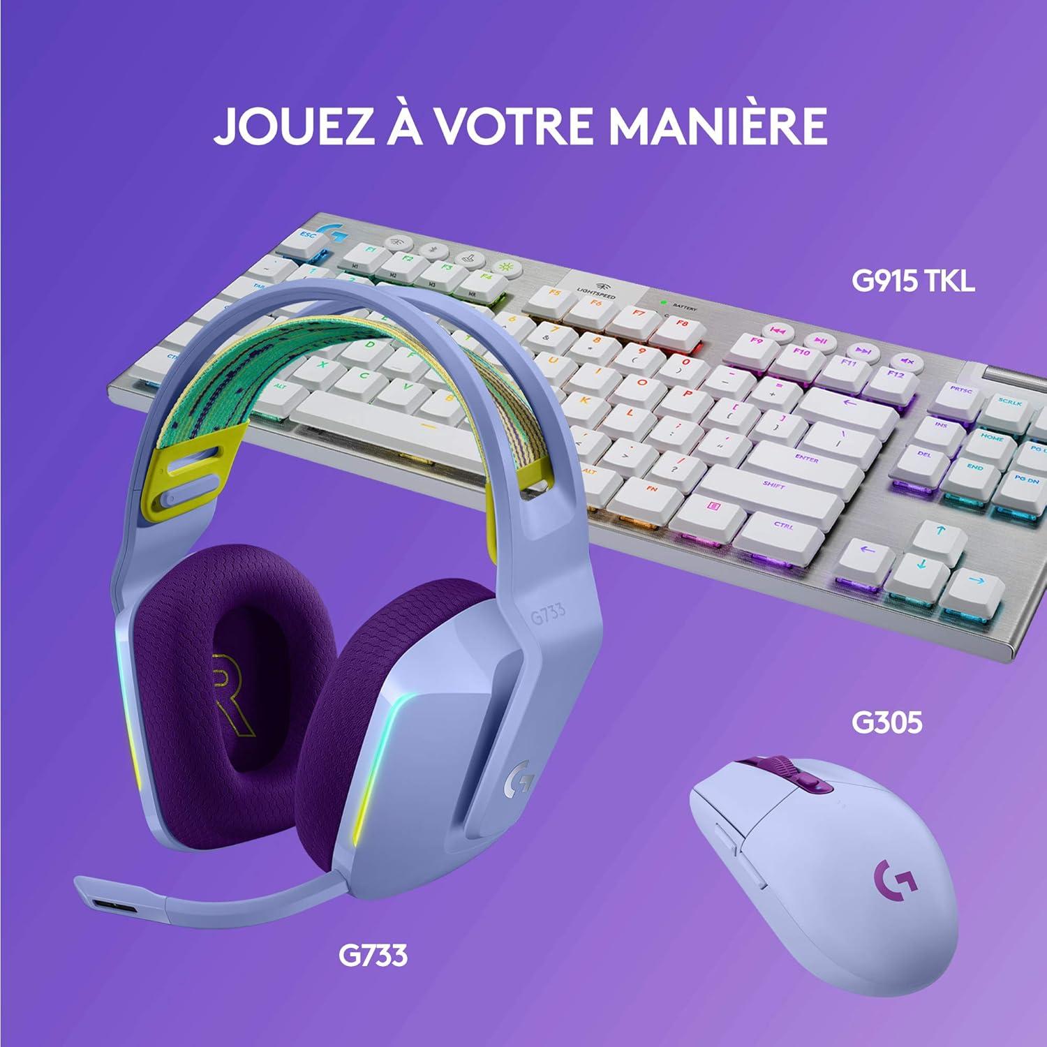 imageLogitech G G522 LIGHTSPEED casque gaming sans fil LIGHTSYNC RVB micro bande passante complte et audio synchronis avanc triple connectivit LIGHTSPEED Bluetooth USBA vers USBC pour PCBlancLila