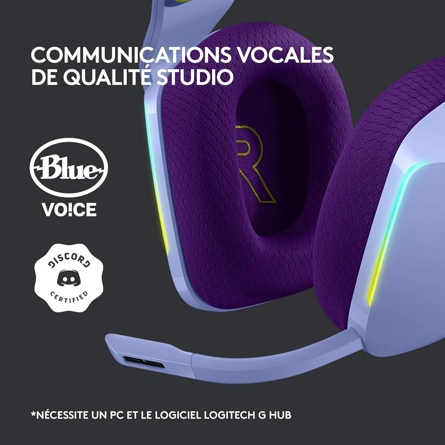 imageLogitech G G522 LIGHTSPEED casque gaming sans fil LIGHTSYNC RVB micro bande passante complte et audio synchronis avanc triple connectivit LIGHTSPEED Bluetooth USBA vers USBC pour PCBlancLila