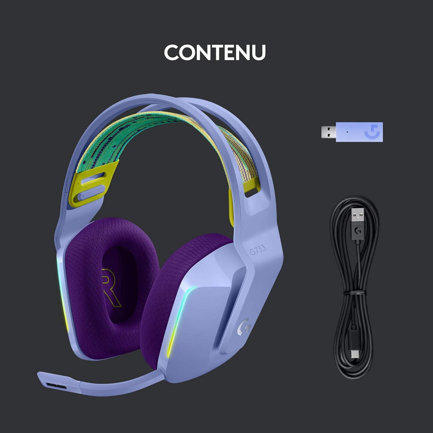 imageLogitech G G522 LIGHTSPEED casque gaming sans fil LIGHTSYNC RVB micro bande passante complte et audio synchronis avanc triple connectivit LIGHTSPEED Bluetooth USBA vers USBC pour PCBlancLila