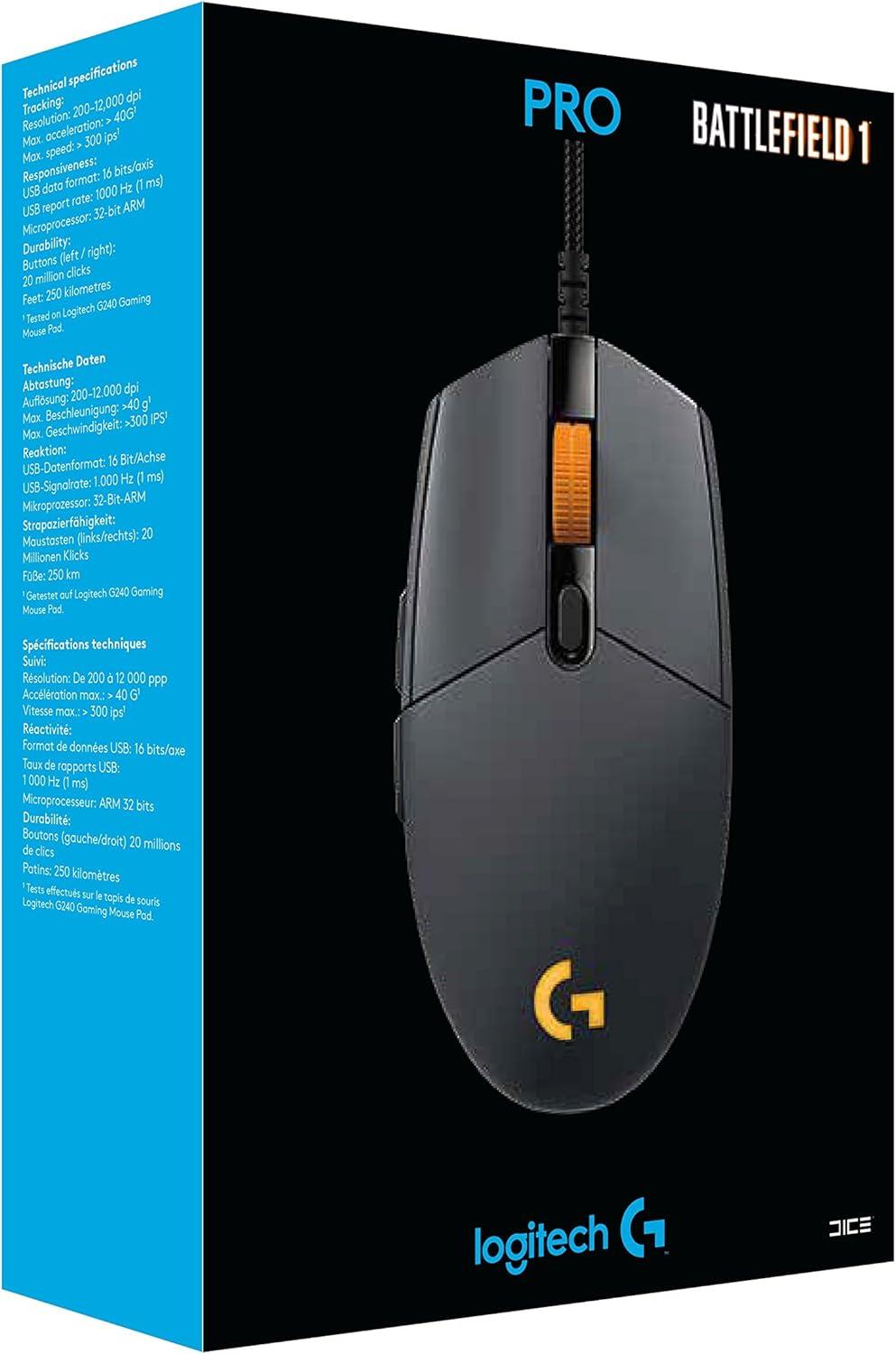 imageLogitech G Gaming Mouse Pro capteur Optique 12 000 dpi 1000 Hz 1ms RGB Six Boutons programmables GrisJauneG Pro BF1