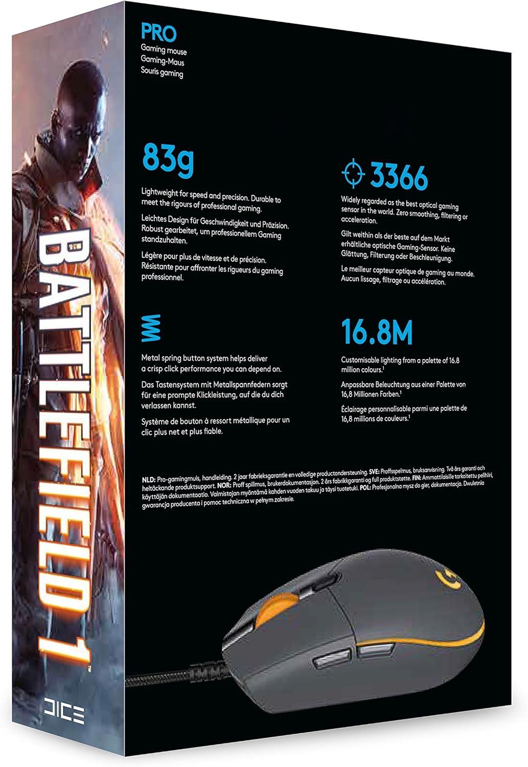 imageLogitech G Gaming Mouse Pro capteur Optique 12 000 dpi 1000 Hz 1ms RGB Six Boutons programmables GrisJauneG Pro BF1