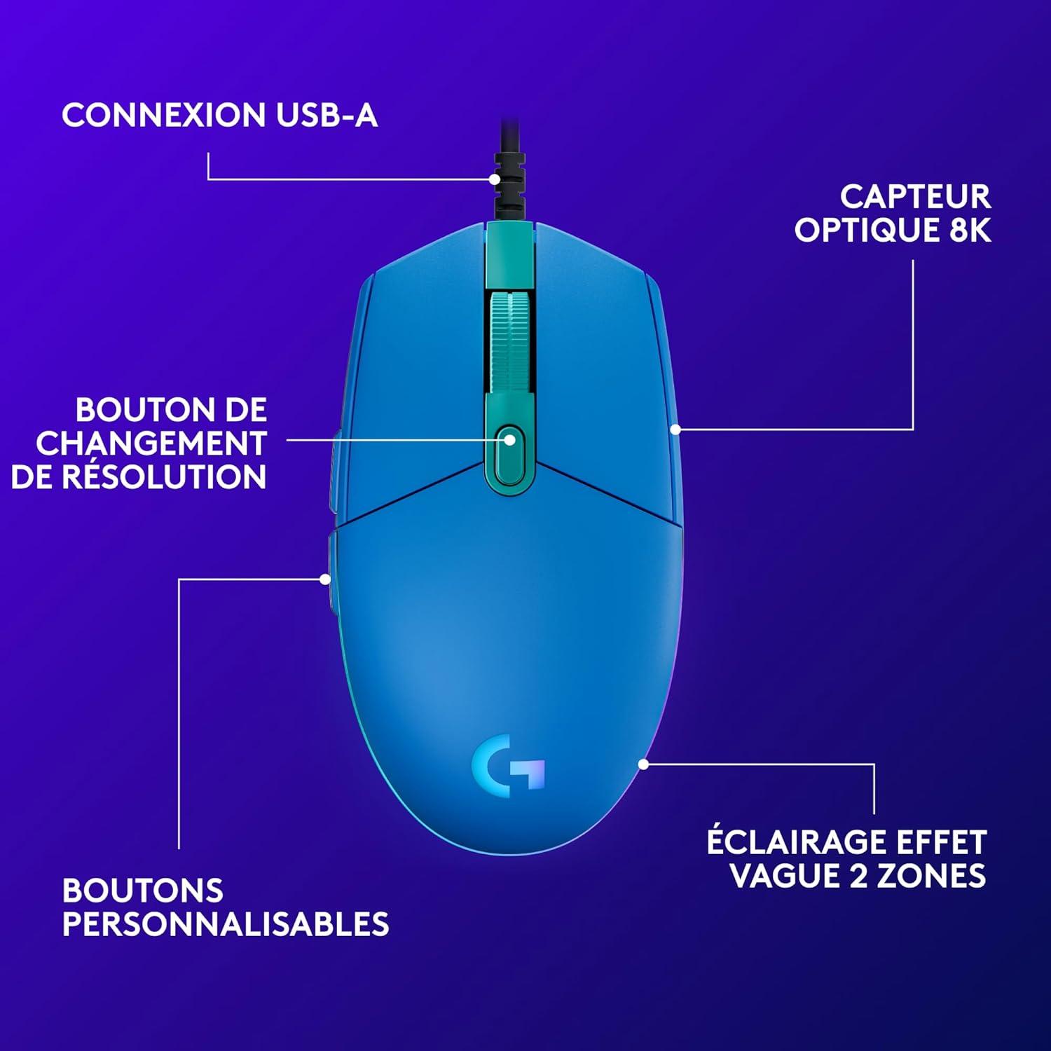 imageLogitech G203 Souris Filaire Gaming 2nd Gen 8000 DPI Effets Lumineux Multicolores LIGHTSYNC RGB 6 Boutons Programmables Mmoire Intgre Compatible Mac et PCBleu