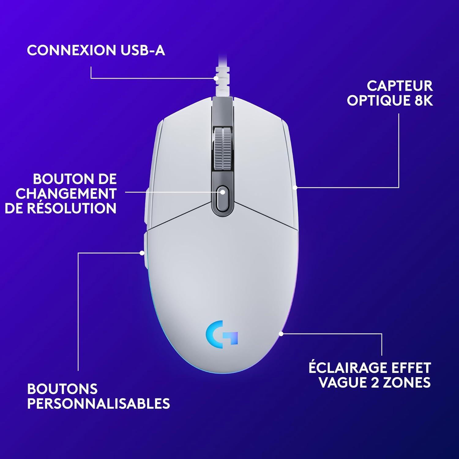 imageLogitech G203 Souris Filaire Gaming 2nd Gen 8000 DPI Effets Lumineux Multicolores LIGHTSYNC RGB 6 Boutons Programmables Mmoire Intgre Compatible Mac et PCBlanc