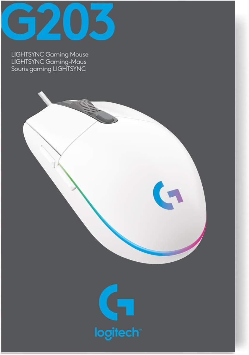 imageLogitech G203 Souris Filaire Gaming 2nd Gen 8000 DPI Effets Lumineux Multicolores LIGHTSYNC RGB 6 Boutons Programmables Mmoire Intgre Compatible Mac et PCBlanc