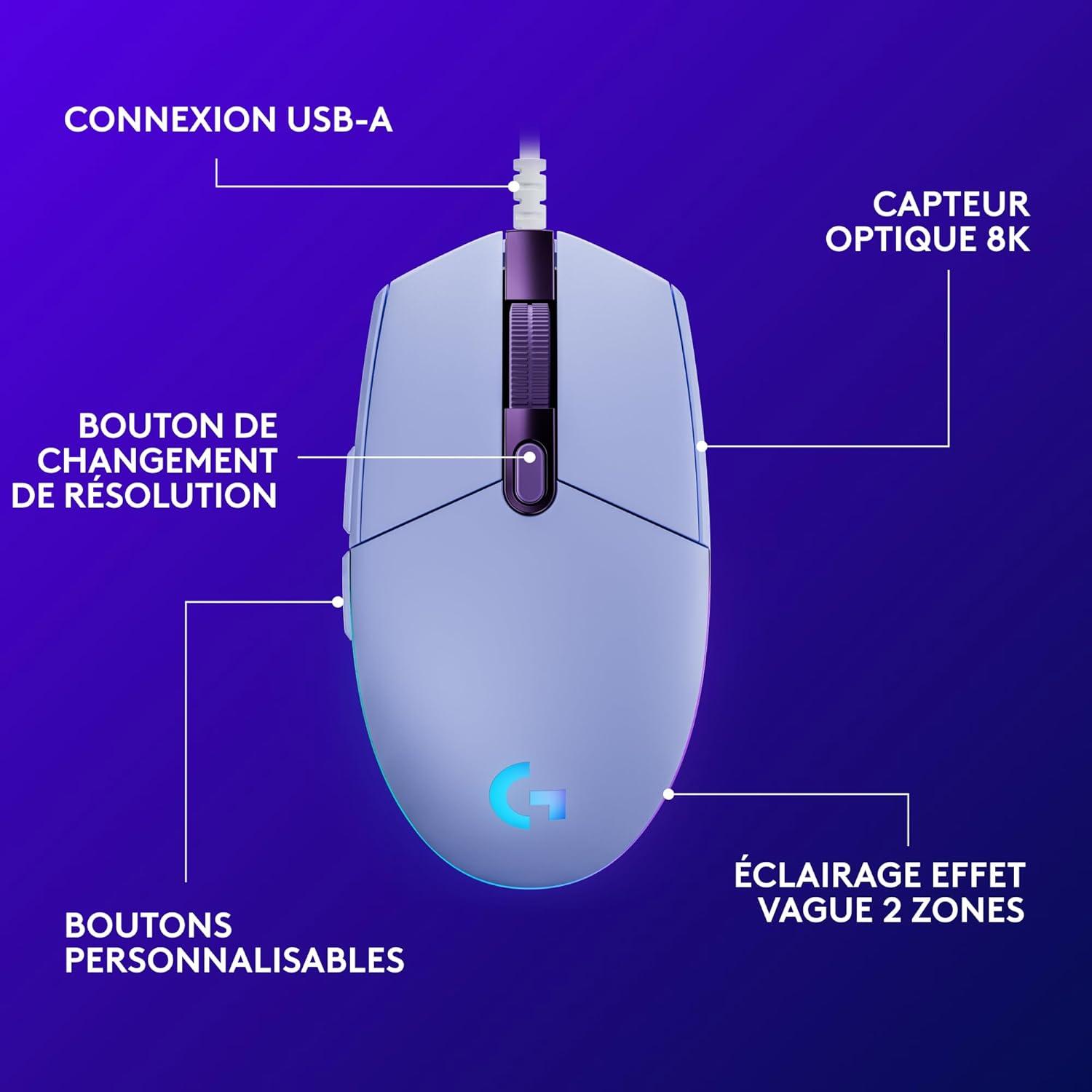 imageLogitech G203 Souris Filaire Gaming 2nd Gen 8000 DPI Effets Lumineux Multicolores LIGHTSYNC RGB 6 Boutons Programmables Mmoire Intgre Compatible Mac et PCLila