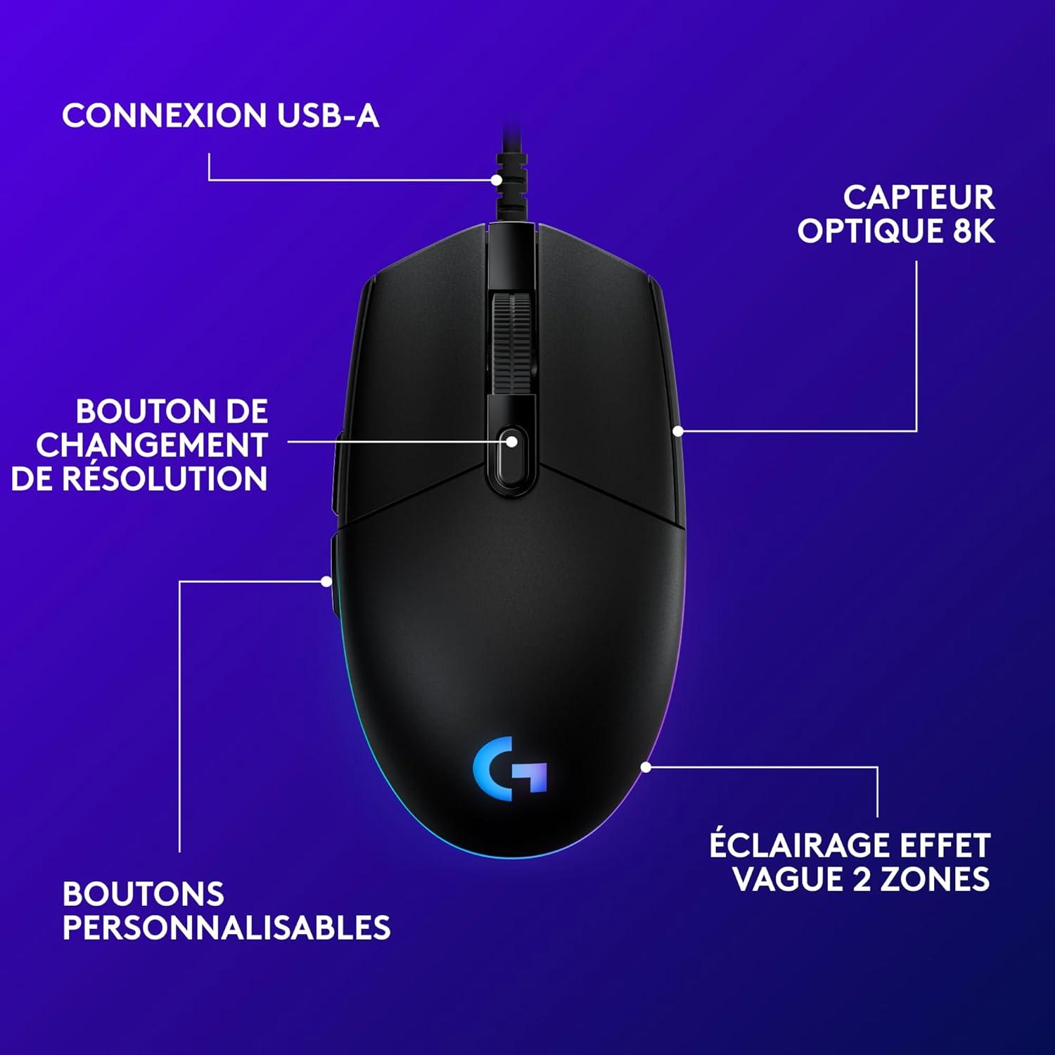 imageLogitech G203 Souris Filaire Gaming 2nd Gen 8000 DPI Effets Lumineux Multicolores LIGHTSYNC RGB 6 Boutons Programmables Mmoire Intgre Compatible Mac et PCNoir