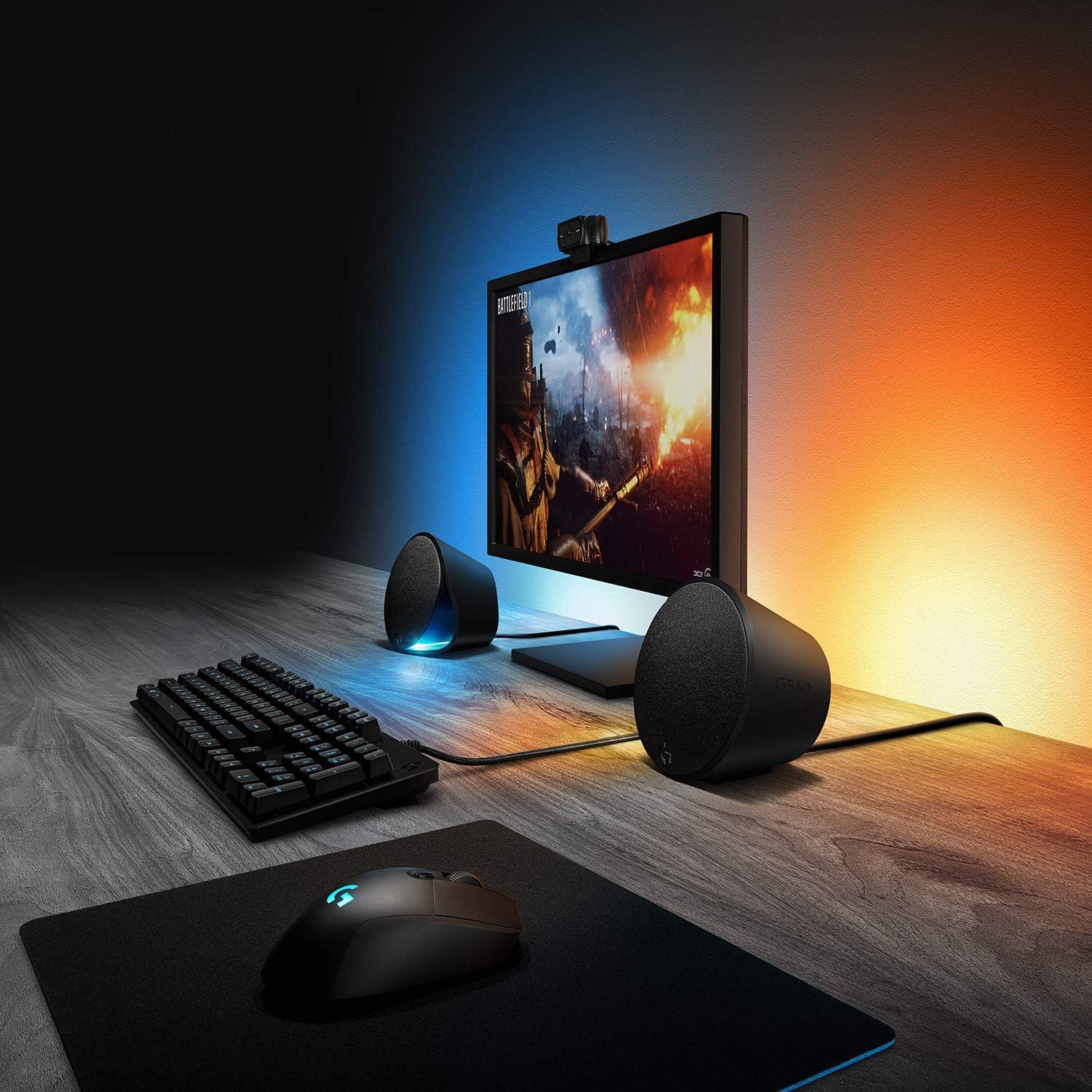 imageLogitech G560 Deux Hautparleurs Gaming PC Son Surround DTSX Ultra 71 et Eclairage RGB LIGHTSYNC Synchronis vos Jeux et un caisson de basses exprience de jeu immersive Noir