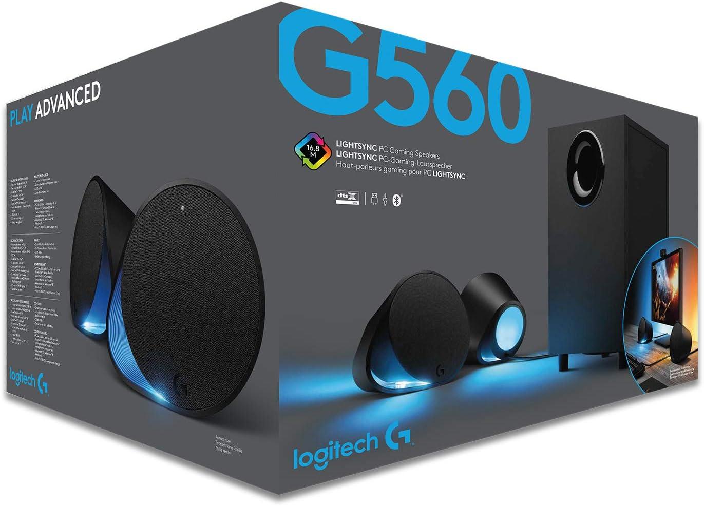 imageLogitech G560 Deux Hautparleurs Gaming PC Son Surround DTSX Ultra 71 et Eclairage RGB LIGHTSYNC Synchronis vos Jeux et un caisson de basses exprience de jeu immersive Noir
