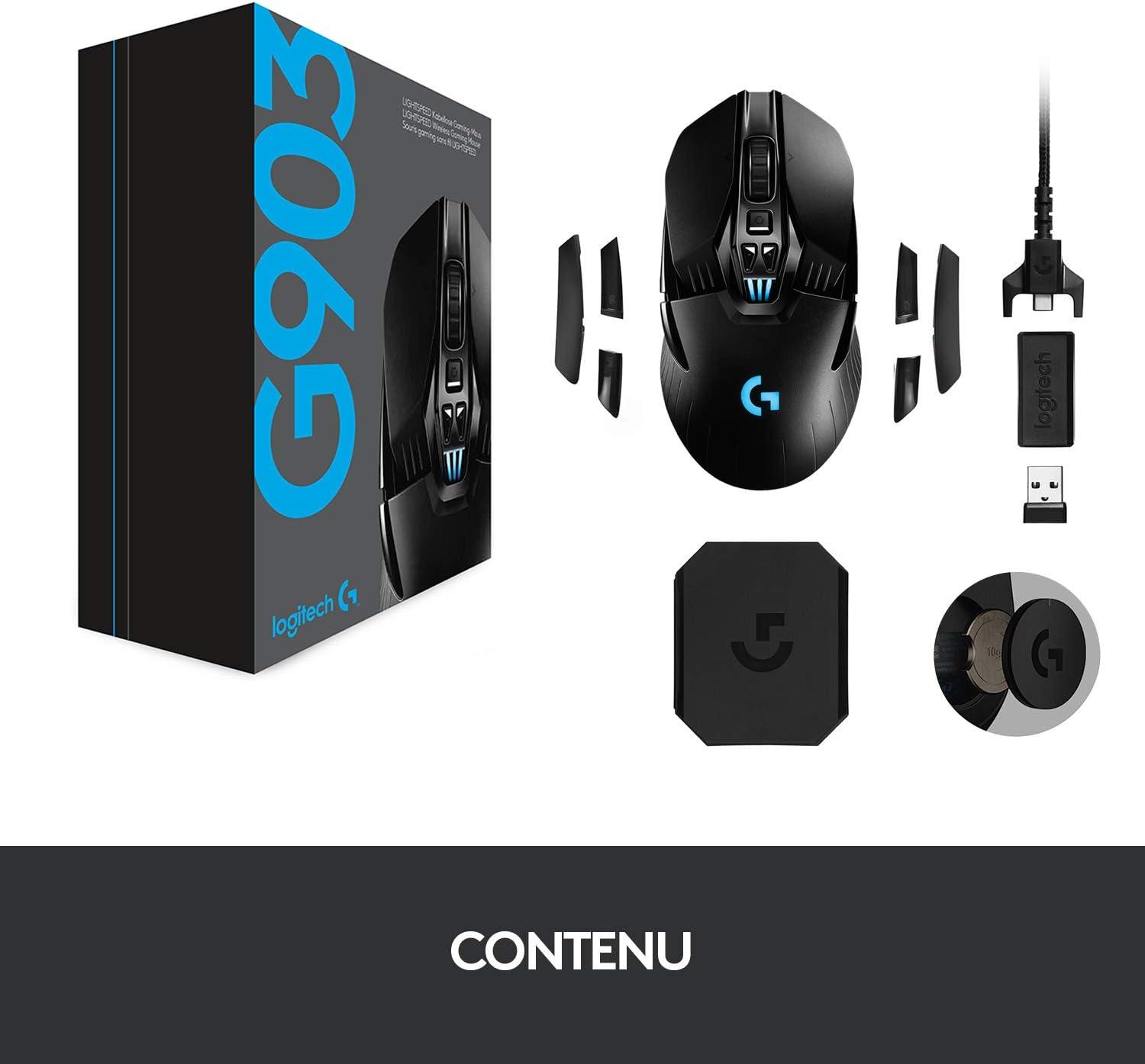 imageLogitech G903 LIGHTSPEED Souris Gamer sans Fil 25 600 PPP RVB Gaming Poids Ajustables 6 Boutons Programmables POWERPLAYcompatible Batterie Longue Dure Ambidextre PCMac NoireG903 LIGHTSPEED