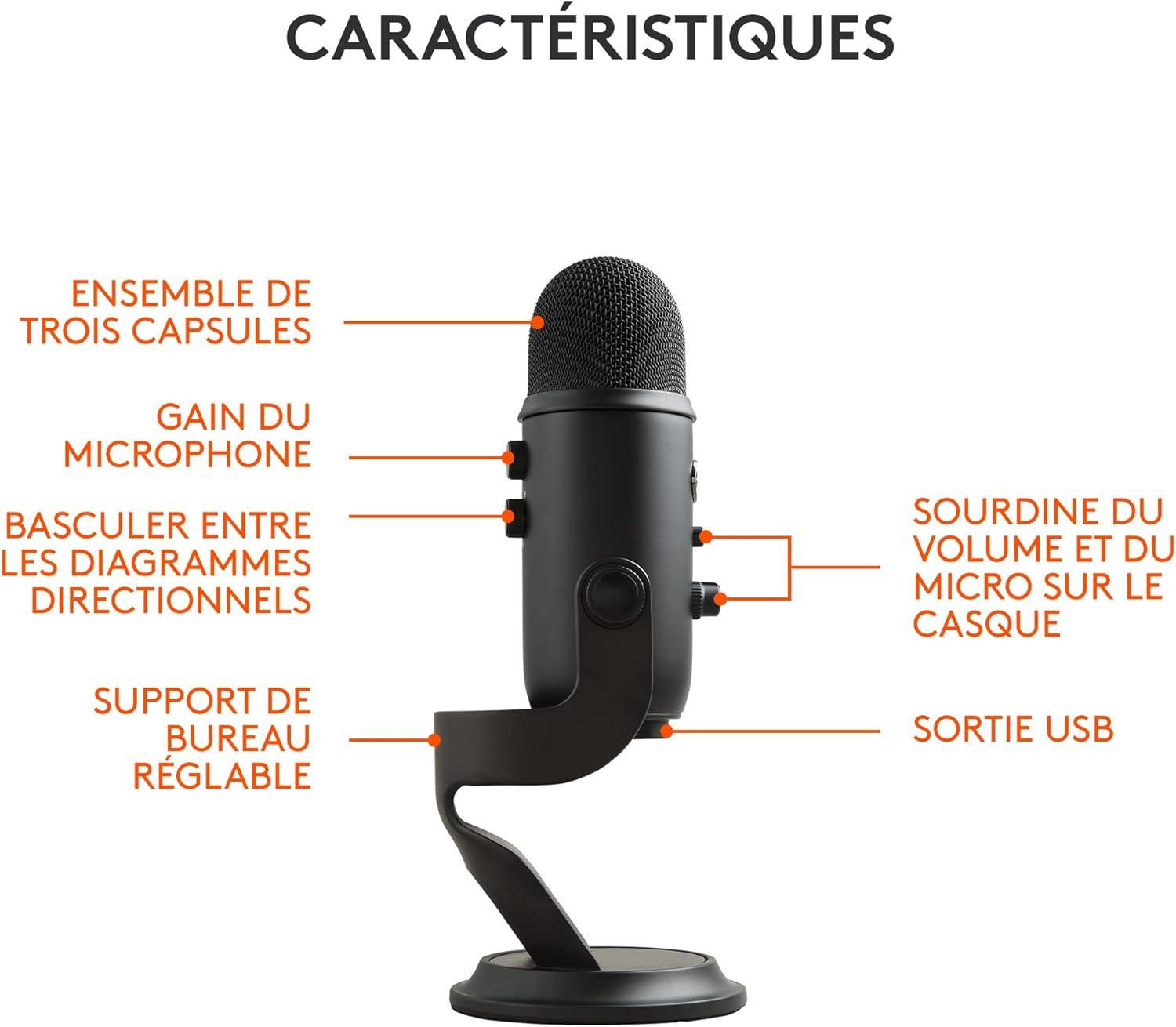 imageLogitech for Creators Blue Yeti Microphone USB pour Enregistrer Streaming Gaming Podcast sur PC ampamp Mac Micro condensateur pour ordinateur portable et PC avec Effets Blue VOCE Plug and Play NoirNoir
